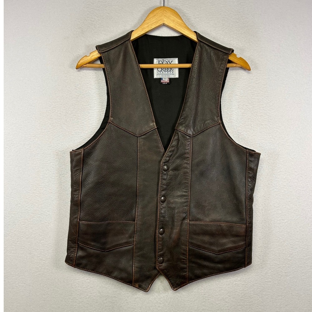 Western Biker Fox Creek Leather Men 40 Brown Snap Front Motorcycle Vest USA Made